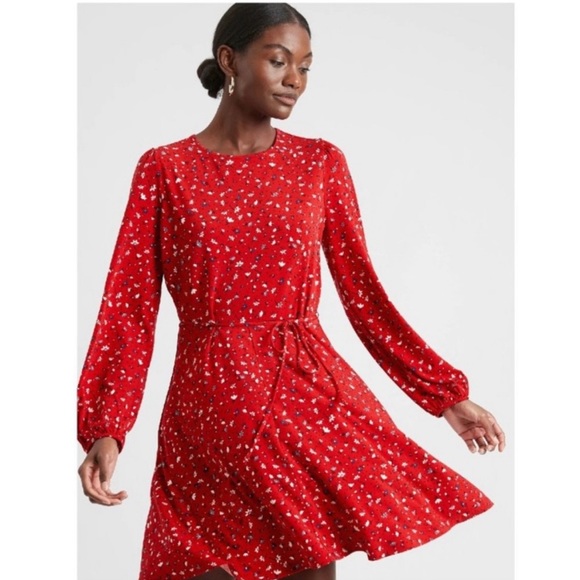 Banana Republic Floral Red Belted Fit-and-flare Dress Sz XS - Picture 3 of 8